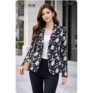 Nic + Zoe Cotton Blend Knit Blazer Floral Navy Stretchy Classy Casual Work PS